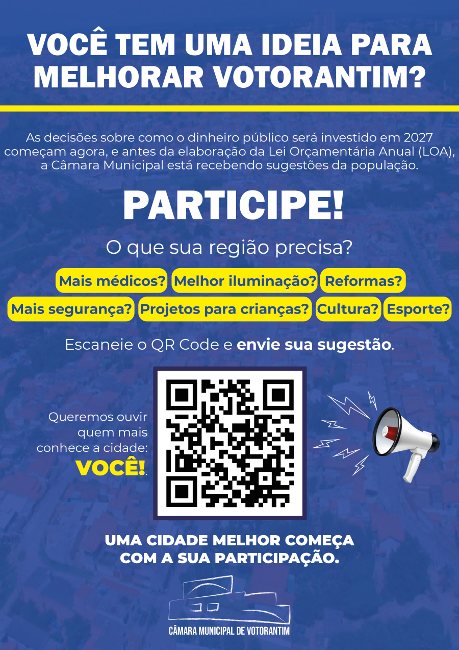 Câmara de Votorantim abre consulta pública para receber sugestões da população para o orçamento de 2027